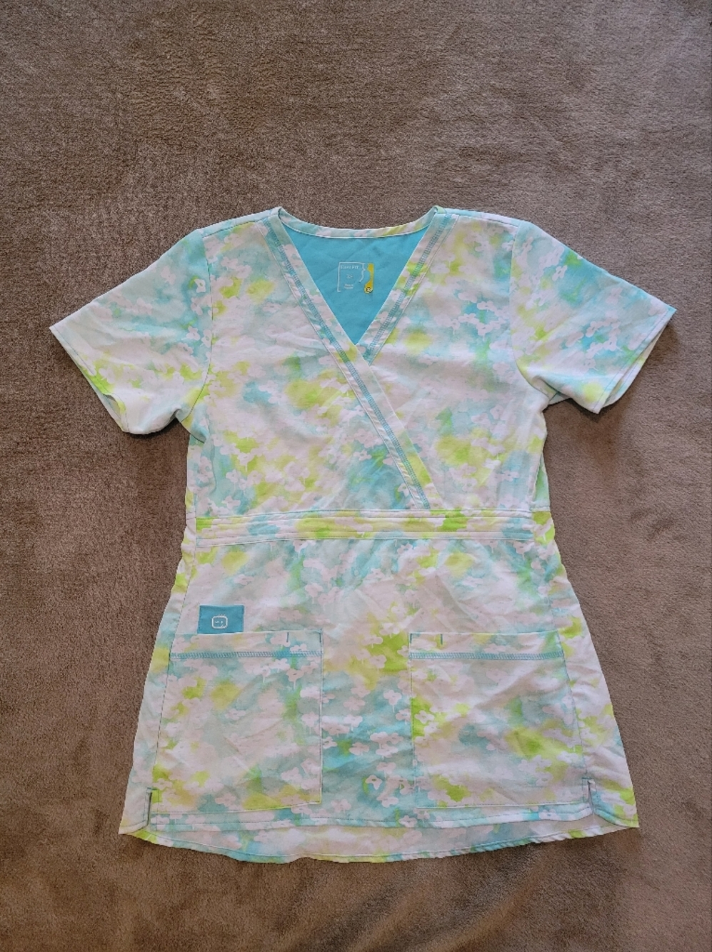 Easy Fit XS Scrub Top Short Sleeve Pockets Medical Nurse Uniform blue spring